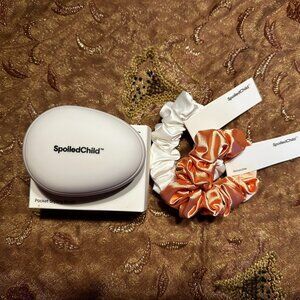BRAND NEW! SET OF 2 SATIN SPOILED CHILD SCRUNCHIES AND POCKET STYLING BRUSH